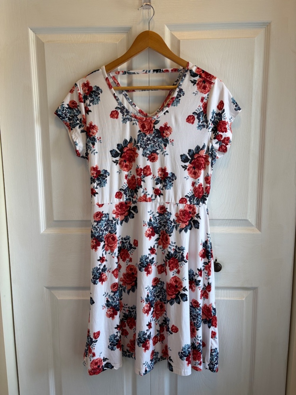 Bobbie Brooks White Midi Dress with Red Rose & Navy Floral Print